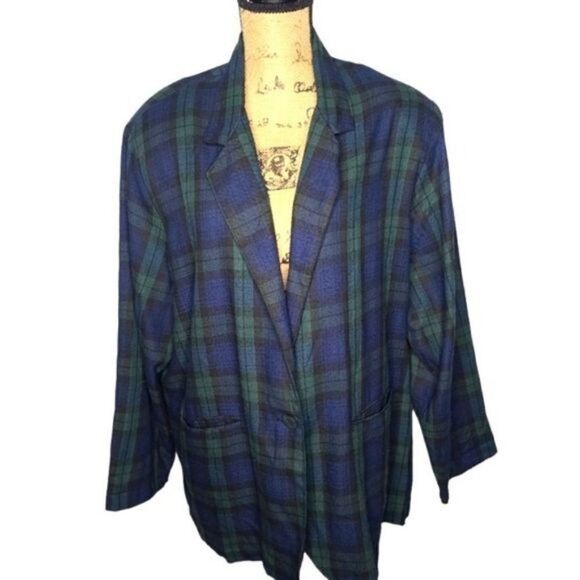 Vintage 90s Dark Green Navy Plaid Grunge Oversized Blazer Size 18/20 XXXL - Picture 1 of 12